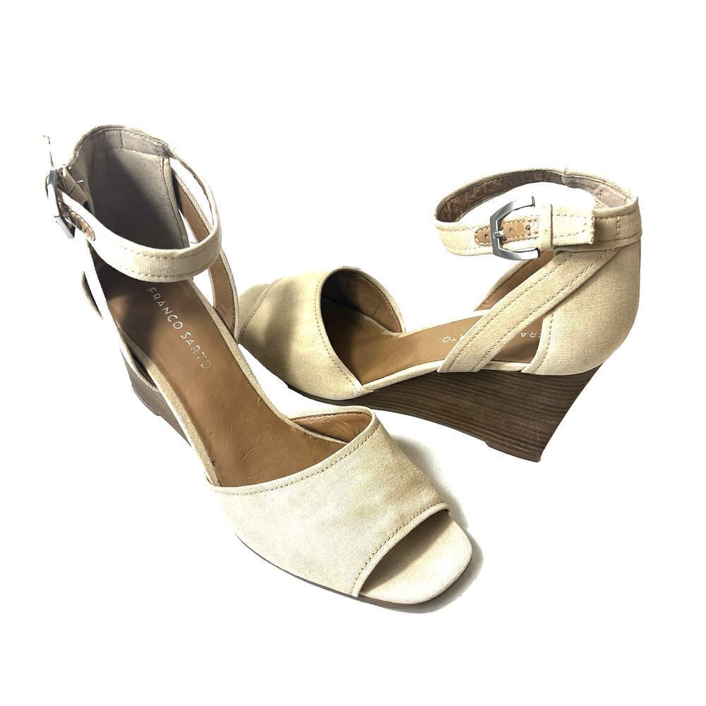 Franco Sarto Wedge Sandals Womens Sz 11 Casual Ankle Strap Peep Toe Beige Fabric